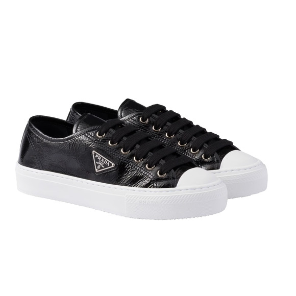 Prada Smash Naplak Black White Patent Logo Flat Low Top Trainer Sneaker 39.5 - Picture 1 of 16